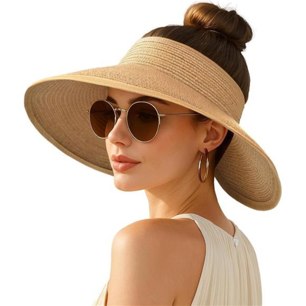Wide Brim Straw Sun Visor Hat Women Ponytail UV Protection Foldable Beach